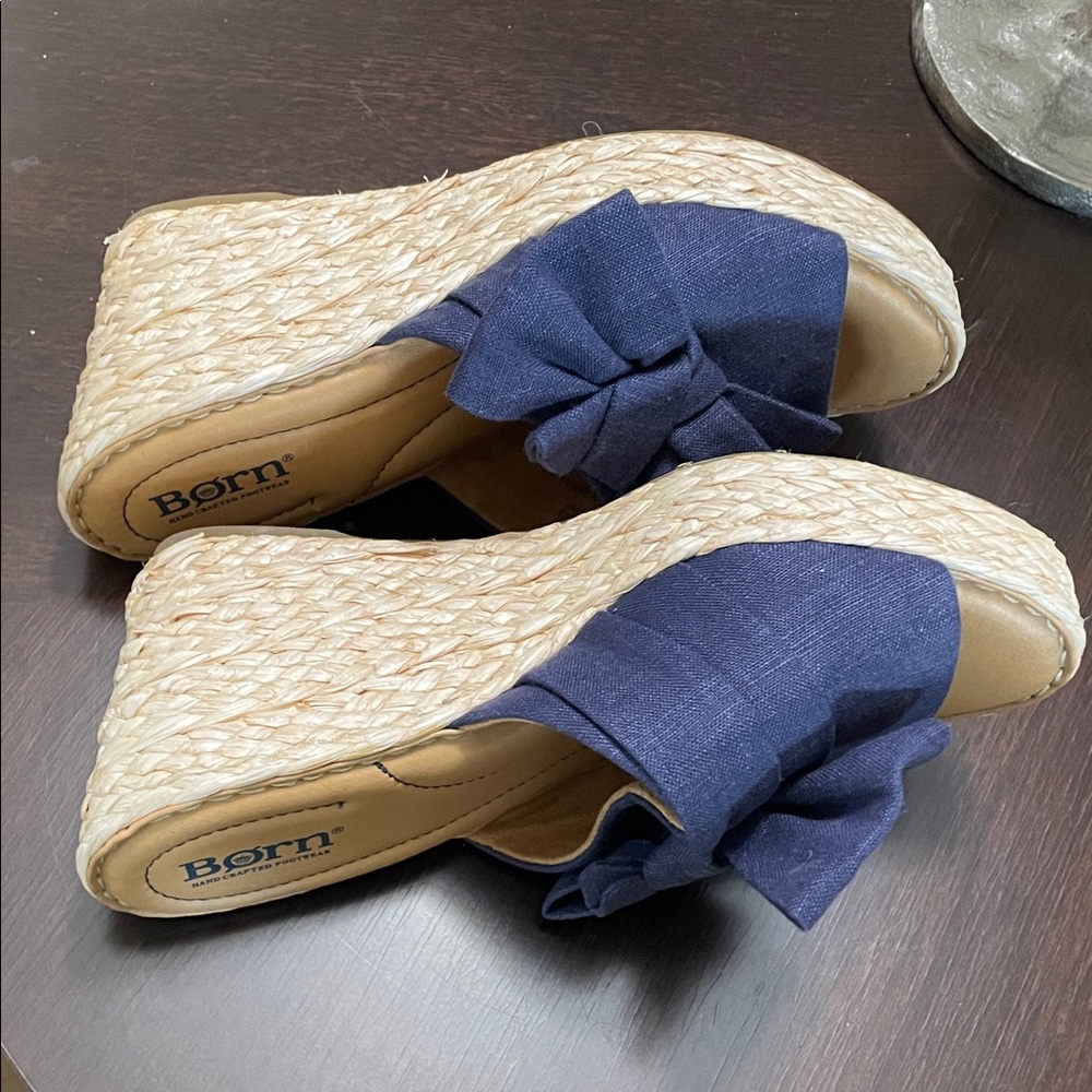 Born Women's Navy and Tan wedge sandals with Bow - Picture 8 of 11